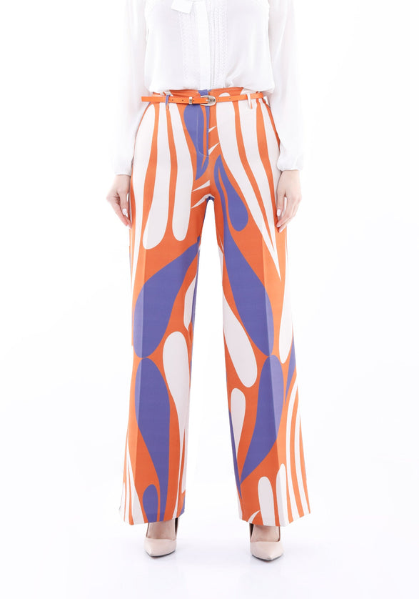 Orange Patterned Wide - Leg High - Waist Pants with Belt - G - Line