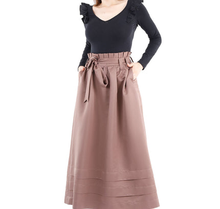 Paper Bag Flared A - Line Maxi Skirt With Pockets And Belt - G - Line