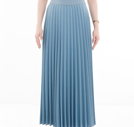 Petrol Pleated Maxi Skirt Elastic Waist Band Ankle Length Plisse Skirt - G - Line