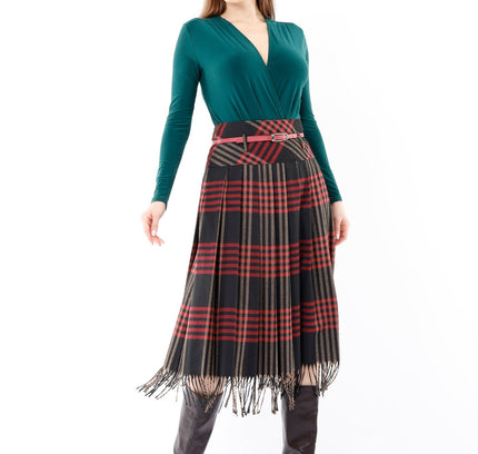 Plaid Pleated Tassel Tartan Midi Skirt - G - Line