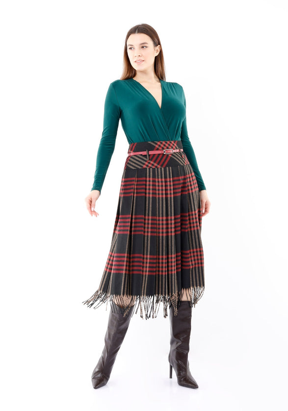 Plaid Pleated Tassel Tartan Midi Skirt - G - Line