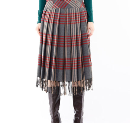 Plaid Pleated Tassel Tartan Midi Skirt - G - Line