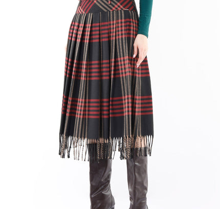 Plaid Pleated Tassel Tartan Midi Skirt - G - Line