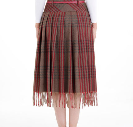 Plaid Pleated Tassel Tartan Midi Skirt - G - Line