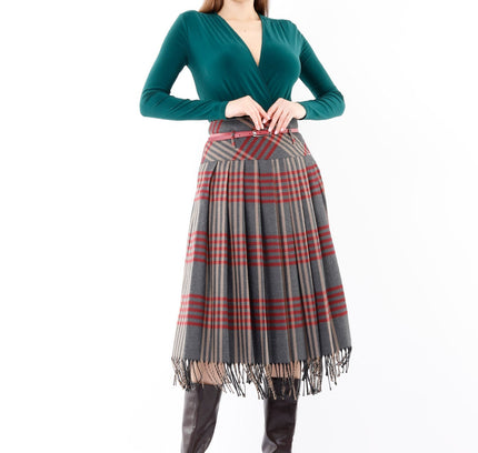 Plaid Pleated Tassel Tartan Midi Skirt - G - Line