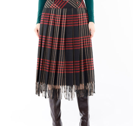 Plaid Pleated Tassel Tartan Midi Skirt - G - Line