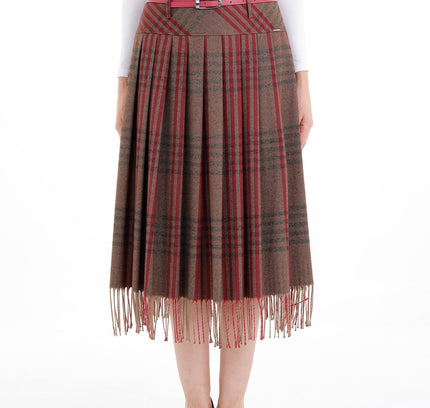 Plaid Pleated Tassel Tartan Midi Skirt - G - Line