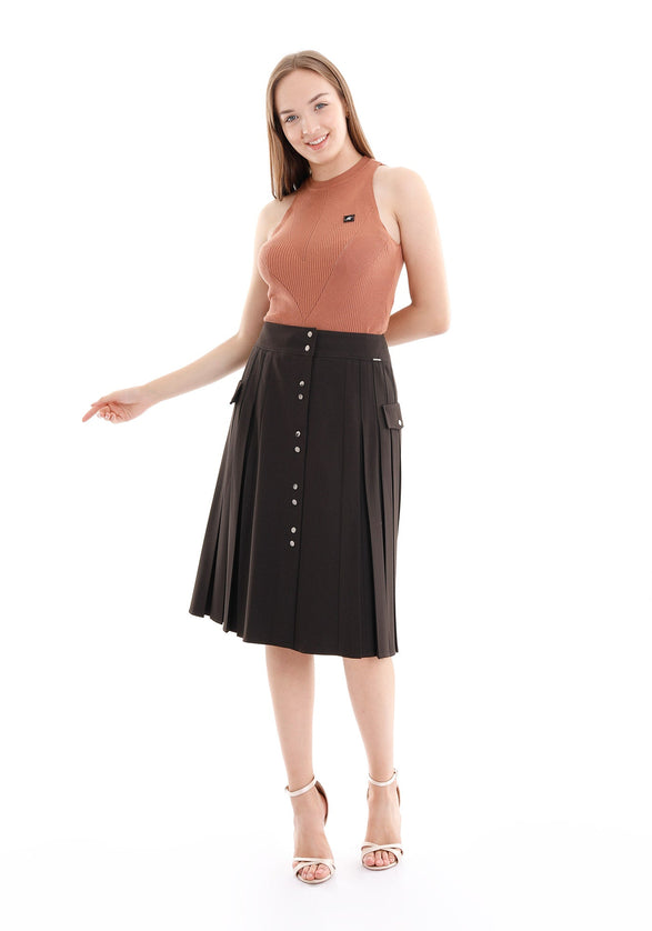 Pleated Button - Front Brown Midi Skirt - G - Line