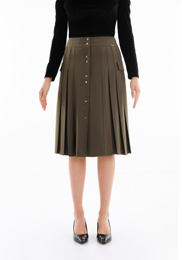 Pleated Button - Front Khaki Midi Skirt - G - Line