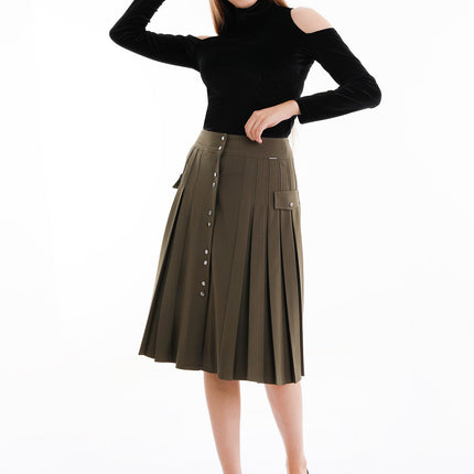 Pleated Button - Front Khaki Midi Skirt - G - Line