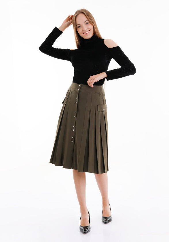 Pleated Button - Front Khaki Midi Skirt - G - Line
