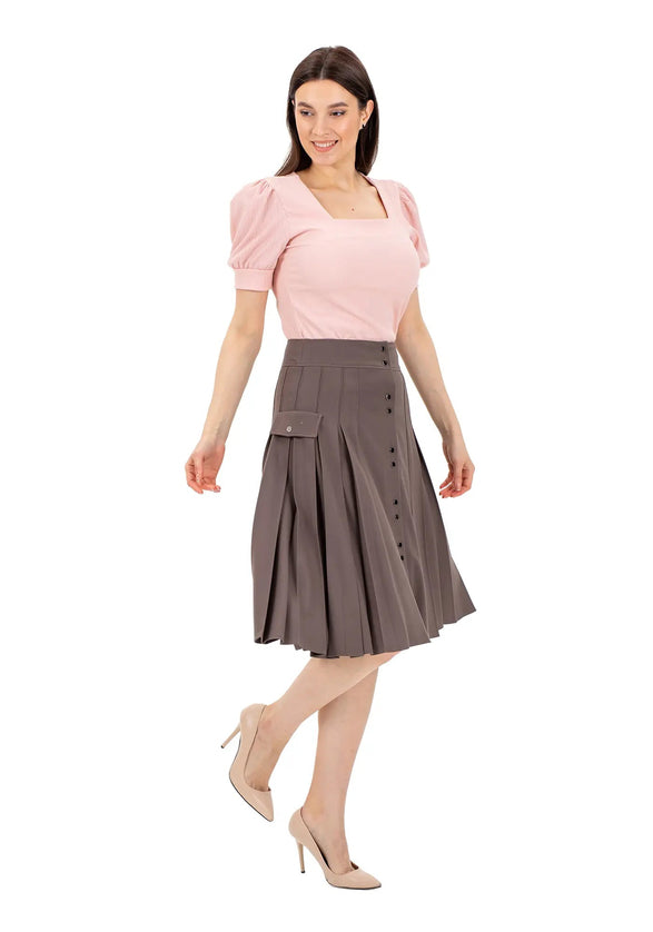 Pleated Button - Front Mink Midi Skirt - G - Line