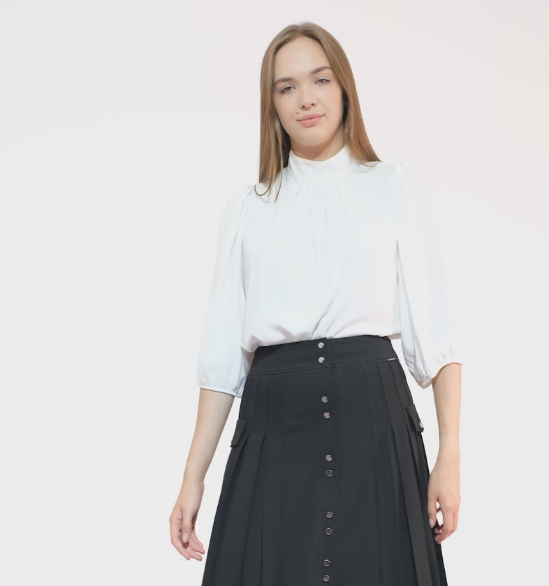 Pleated Button-Front Black Midi Skirt