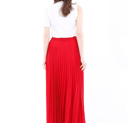 Red Chiffon Pleated Maxi Skirt with Elastic Waist Band - G - Line