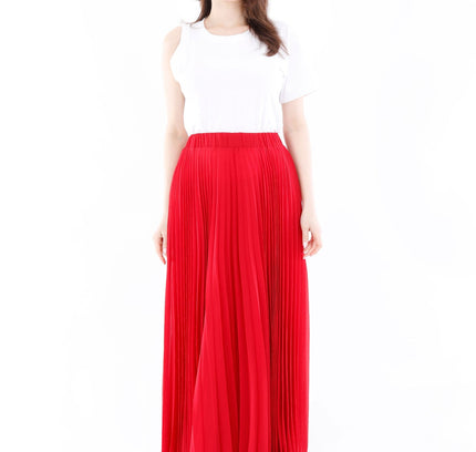 Red Chiffon Pleated Maxi Skirt with Elastic Waist Band - G - Line