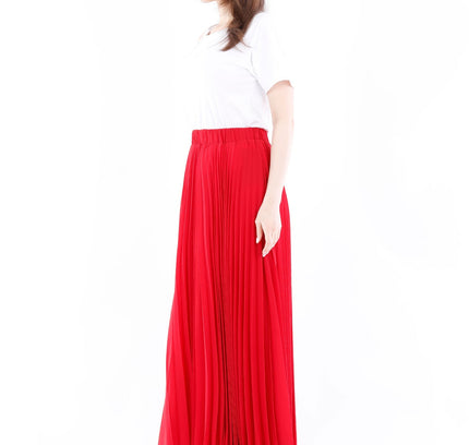 Red Chiffon Pleated Maxi Skirt with Elastic Waist Band - G - Line