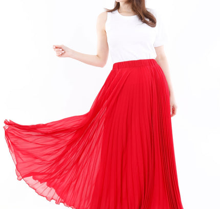 Red Chiffon Pleated Maxi Skirt with Elastic Waist Band - G - Line