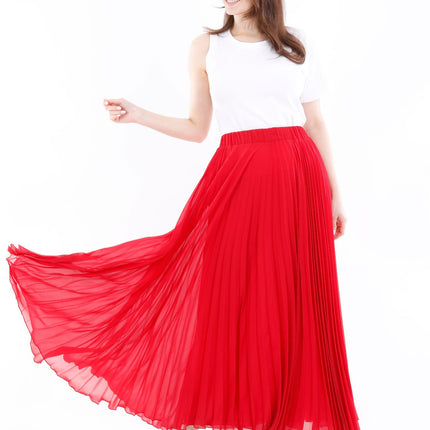 Red Chiffon Pleated Maxi Skirt with Elastic Waist Band - G - Line