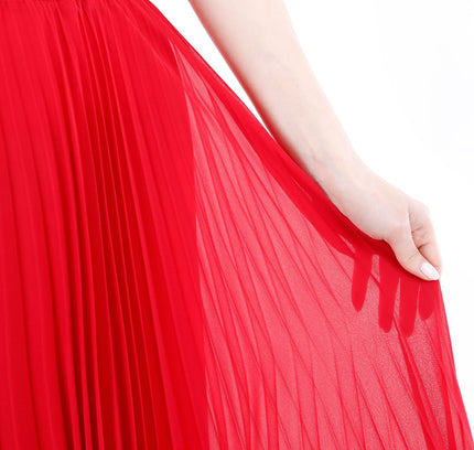 Red Chiffon Pleated Maxi Skirt with Elastic Waist Band - G - Line