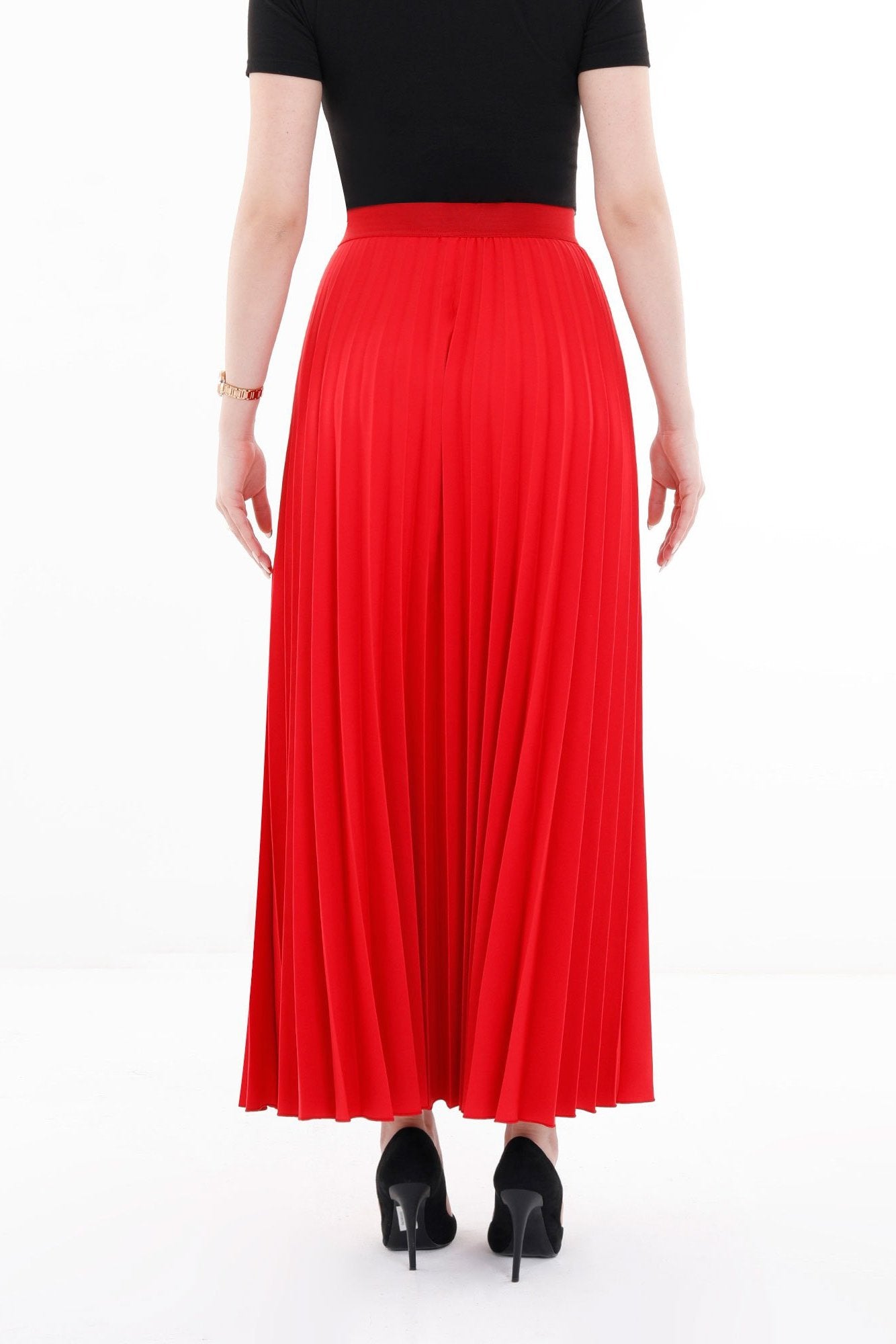 Red Pleated Ankle Length Skirt - Maxi Skirt Elastic Waist Band - G - Line