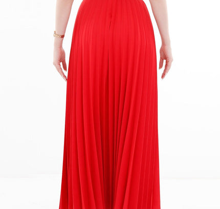 Red Pleated Ankle Length Skirt - Maxi Skirt Elastic Waist Band - G - Line