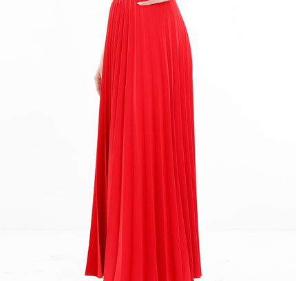 Red Pleated Ankle Length Skirt - Maxi Skirt Elastic Waist Band - G - Line