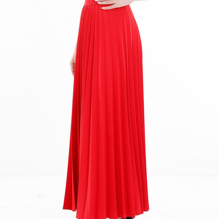 Red Pleated Ankle Length Skirt - Maxi Skirt Elastic Waist Band - G - Line