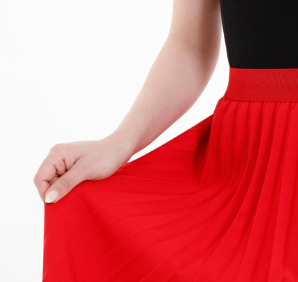 Red Pleated Ankle Length Skirt - Maxi Skirt Elastic Waist Band - G - Line