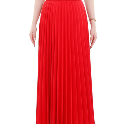 Red Pleated Ankle Length Skirt - Maxi Skirt Elastic Waist Band - G - Line