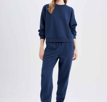 Navy Blue Regular Fit Normal Fit Basic Thick Fleece Inside Tracksuit Set