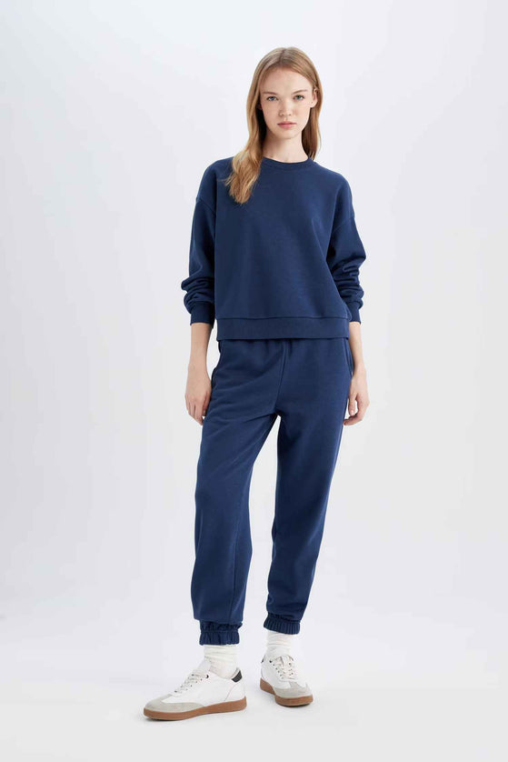 Navy Blue Regular Fit Normal Fit Basic Thick Fleece Inside Tracksuit Set