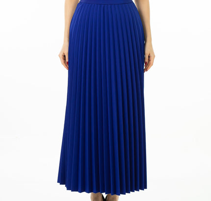 Royal Blue Pleated Maxi Skirt Elastic Waist Band Ankle Length Plisse Skirt - G - Line