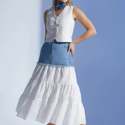 Ruffled Below the Knee Skirt with Denim Details: Lined and Stylish - G - Line