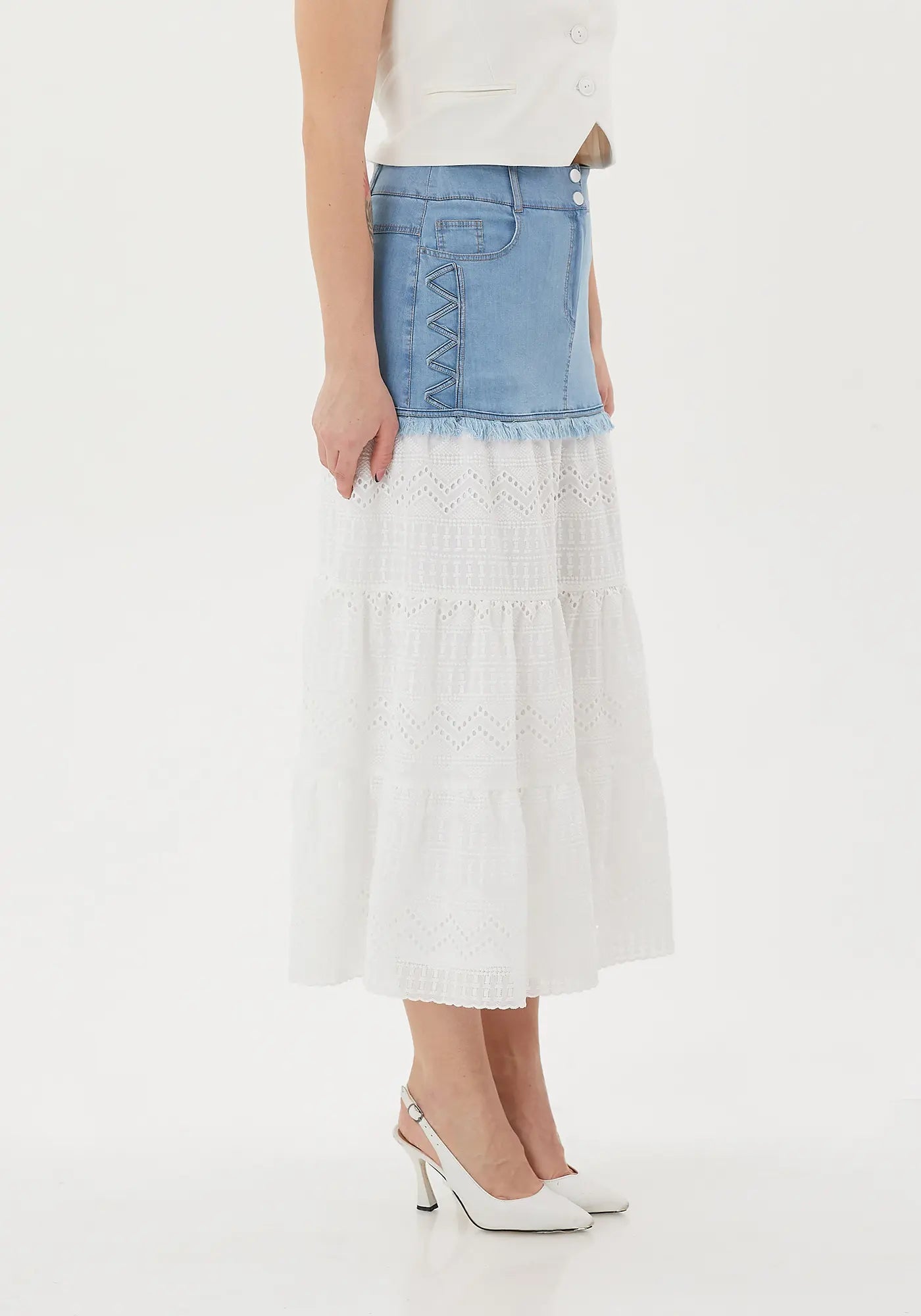 Ruffled Below the Knee Skirt with Denim Details: Lined and Stylish - G - Line