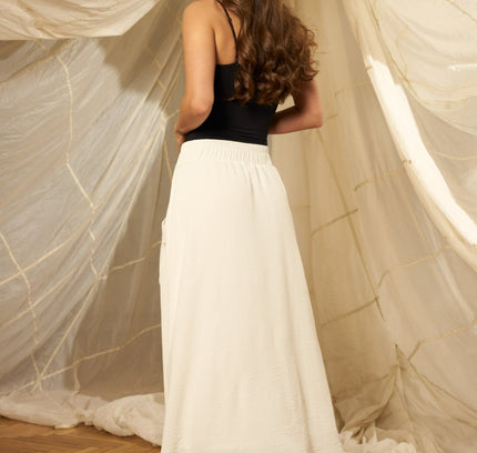 Sporty White Flared Midi Skirt with Elastic Waist and Pockets - G - Line