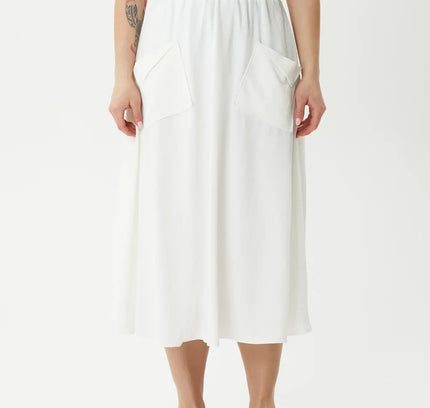 Sporty White Flared Midi Skirt with Elastic Waist and Pockets - G - Line