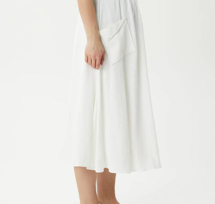 Sporty White Flared Midi Skirt with Elastic Waist and Pockets - G - Line