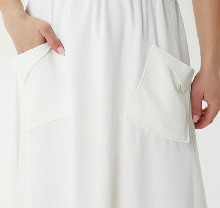 Sporty White Flared Midi Skirt with Elastic Waist and Pockets - G - Line