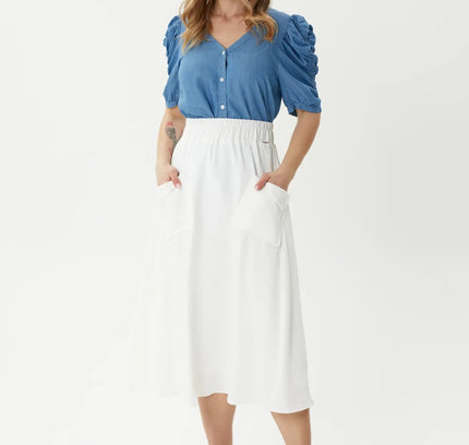 Sporty White Flared Midi Skirt with Elastic Waist and Pockets - G - Line