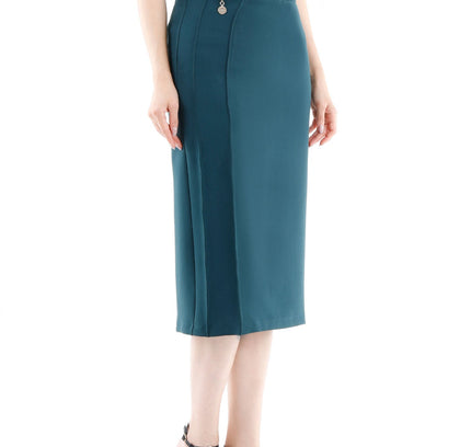 Stitch Detail Green Pencil Midi Skirt - G - Line