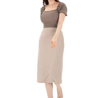 Stone Midi Pencil Skirt with Elastic Waist and Closed Back Vent - G - Line