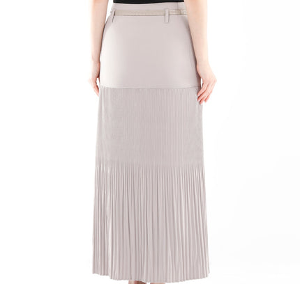 Stone Thin Pleated Maxi Skirt with Floral Belt - G - Line