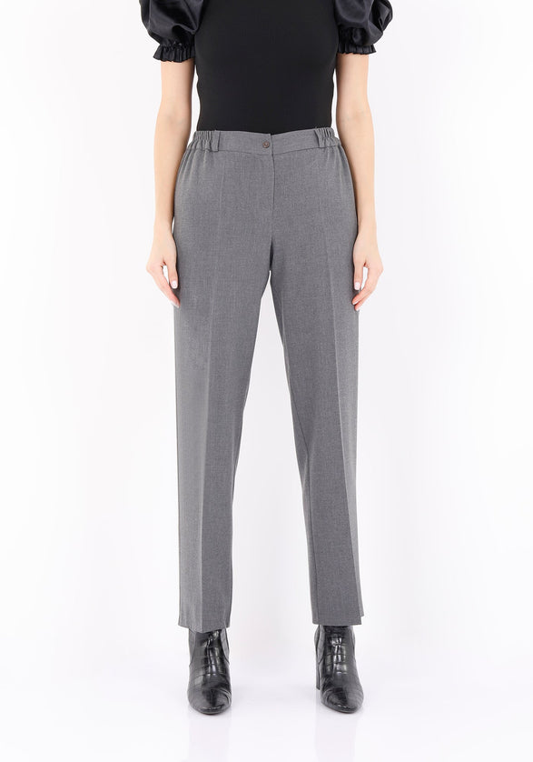 Straight Grey Pants with Elastic Waistband and Zipper Combined - G - Line