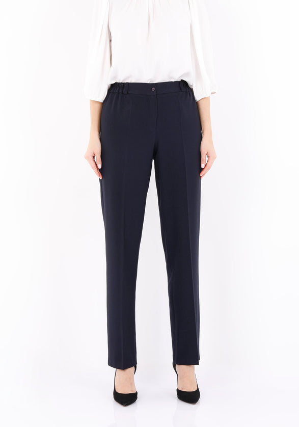 Straight Navy Pants with Elastic Waistband and Zipper Combined - G - Line