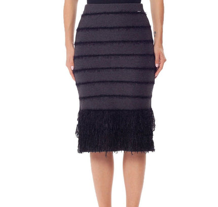 Stretchy Elastic Waist Knitted Black Pencil Skirt with Tassels - G - Line