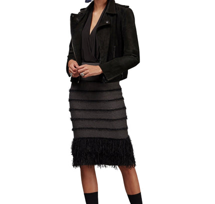 Stretchy Elastic Waist Knitted Black Pencil Skirt with Tassels - G - Line