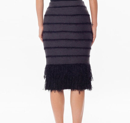 Stretchy Elastic Waist Knitted Black Pencil Skirt with Tassels - G - Line