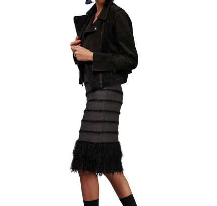 Stretchy Elastic Waist Knitted Black Pencil Skirt with Tassels - G - Line