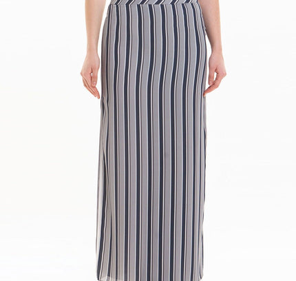 Striped Grey Maxi Pencil Skirt with White Thin Plisse Slit - G - Line