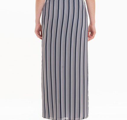 Striped Grey Maxi Pencil Skirt with White Thin Plisse Slit - G - Line